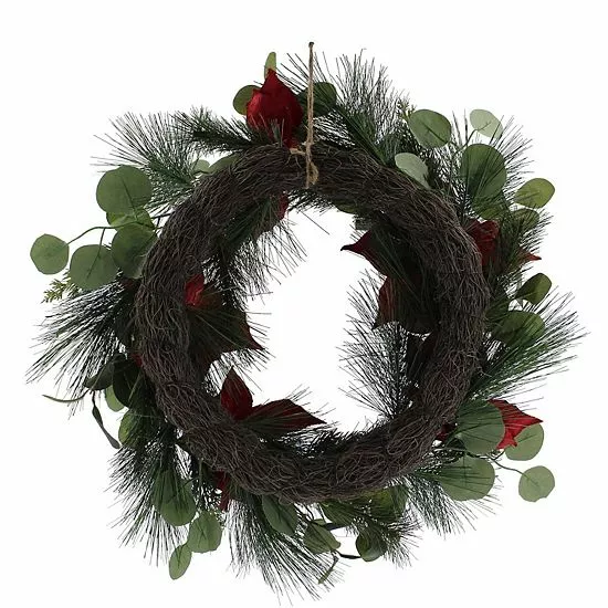 St. Nicholas Square® Artificial Red Poinsettia Greenery Wreath - Image 2